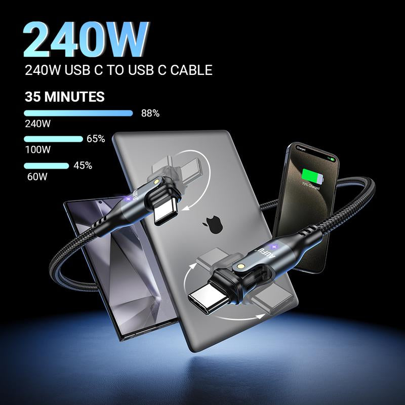 AUFU 240W USB C to USB C Cable3.3Ft/ 6Ft/10Ft(2 Pack), USBC to USBC Dual Head 180° Rotation/C to C Cable/High Speed USB C Cable/Usb C Fast Charging Cable for Phone 16/15/Ma-Book/Pad Series