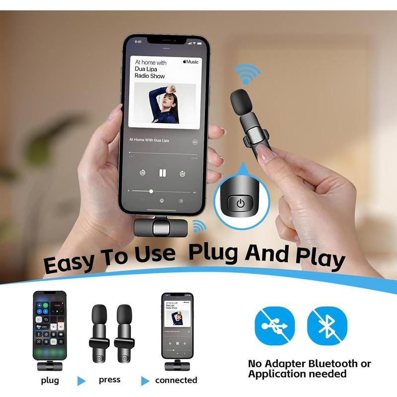 2-Pack Wireless Lavalier Microphone for Iphone, Ipad, Android & Macbook - Lightning/Usb-C Plug-And-Play Mini Microphone with Noise Cancelling for Videos, Podcasts, Tiktok, Youtube(No Bluetooth)
