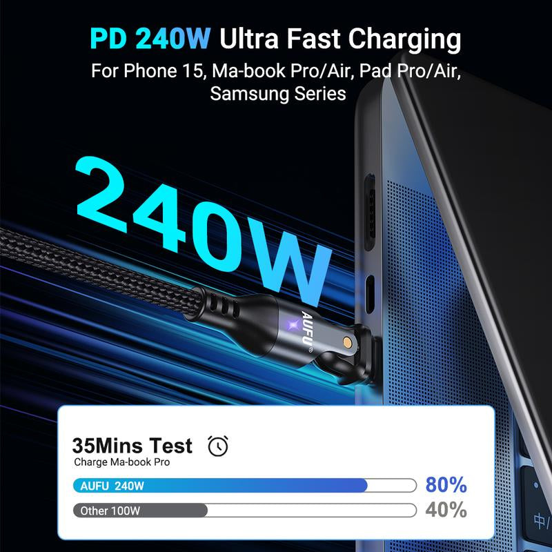 AUFU 240W USB C to USB C Cable3.3Ft/ 6Ft/10Ft(2 Pack), USBC to USBC Dual Head 180° Rotation/C to C Cable/High Speed USB C Cable/Usb C Fast Charging Cable for Phone 16/15/Ma-Book/Pad Series