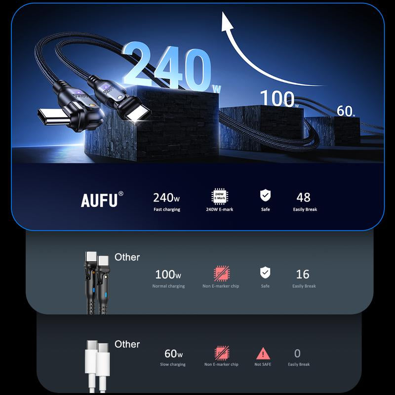 AUFU 240W USB C to USB C Cable3.3Ft/ 6Ft/10Ft(2 Pack), USBC to USBC Dual Head 180° Rotation/C to C Cable/High Speed USB C Cable/Usb C Fast Charging Cable for Phone 16/15/Ma-Book/Pad Series
