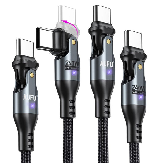 AUFU 240W USB C to USB C Cable3.3Ft/ 6Ft/10Ft(2 Pack), USBC to USBC Dual Head 180° Rotation/C to C Cable/High Speed USB C Cable/Usb C Fast Charging Cable for Phone 16/15/Ma-Book/Pad Series